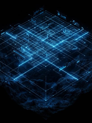Isometric 3D render of a glowing digital map grid, electric blue coordinates floating above deep black terrain, high-contrast studio lighting