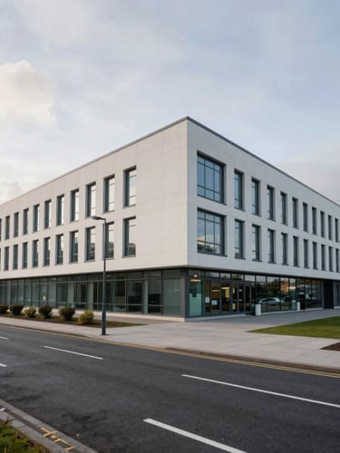 A wide, architectural view of a modern clinical facility in Belfast under soft, overcast daylight, focusing on clean lines and negative space.