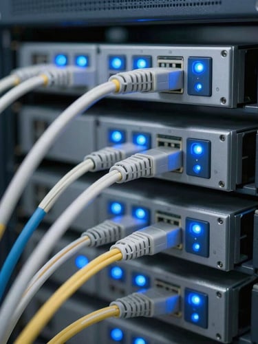 Close-up of high-tech fiber optic cables and telecom server rack infrastructure, crisp blue indicator lights, cool technical daylight, 35mm lens