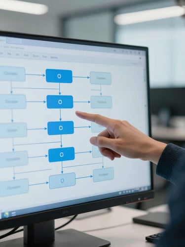 Crisp corporate photography, cool office daylight with blue screen-glow, 35mm lens. Close-up of a digital process map showing flowcharts on a high-resolution monitor, a consultant's hand pointing at a node, modern office background in Quito out of focus.