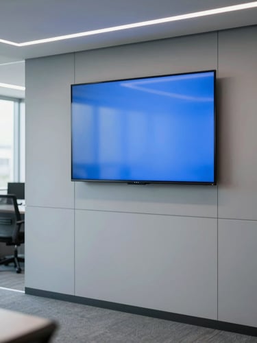 Crisp corporate office in Quito, professional consulting environment, cool daylight with blue screen-glow, 35mm lens
