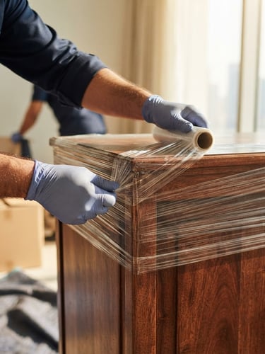 Close-up of professional moving crew hands carefully applying protective stretch wrap to a wooden cabinet corner, bright natural Abu Dhabi daylight, clean commercial photography, shallow depth of field.