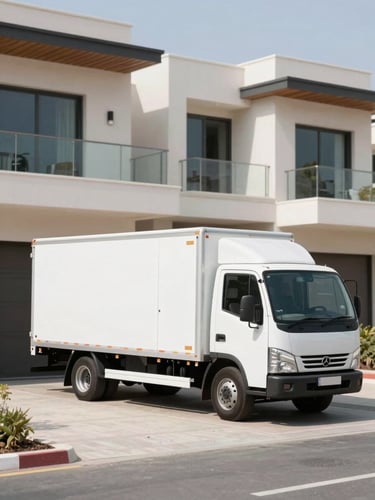 A clean, modern white moving truck parked outside a contemporary residential villa in Abu Dhabi, bright natural daylight.