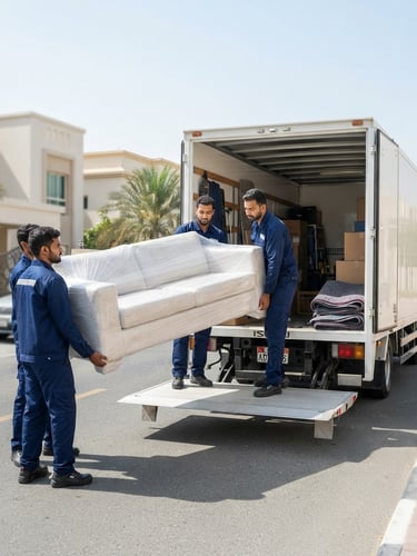 Bright natural Abu Dhabi daylight medium shot of a professional moving crew in clean navy uniforms carefully loading a neatly wrapped sofa into a clean, organized white truck parked on Al Shamkhah street.