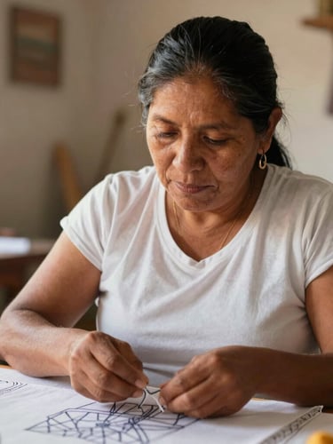 A dignified close-up portrait of a Latin American woman in her textile workshop, warm natural daylight, focused on her hands assembling a product, 35mm lens, shallow depth of field