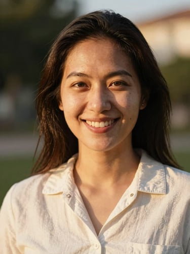 Warm editorial portrait of a smiling female community leader in natural golden-hour daylight, shallow depth of field, authentic tones, 35mm lens