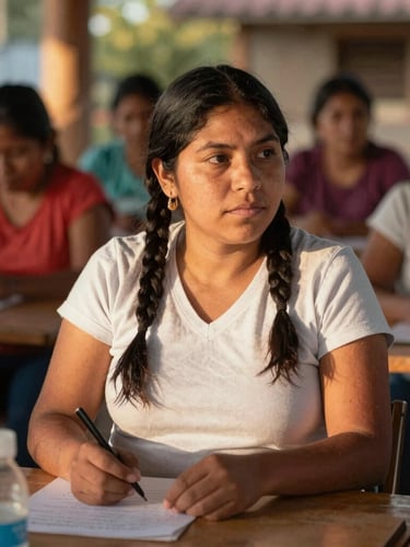 Warm editorial photograph of a Latin American woman leading a community workshop, natural golden-hour daylight, rich authentic tones, 35mm lens