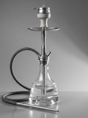 Crisp directional side-lighting on a premium stainless steel hookah with heavy-duty glass base, neutral gray studio backdrop, sharp focus, commercial catalog style