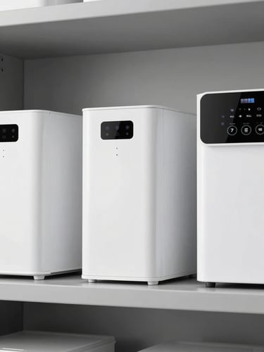 Modern household appliances arranged on a clean gray studio shelf, sharp focus, technical product shot