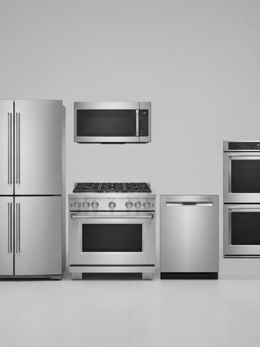 Crisp studio product photography of modern stainless steel kitchen appliances on a neutral gray background, clean sharp focus, commercial catalog style