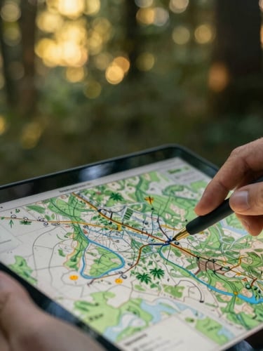 Gros plan de mains scientifiques analysant une carte topographique numérique sur une tablette de terrain, en arrière-plan une forêt tropicale floue, lumière dorée du matin.