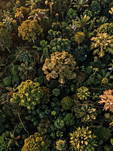 Aerial drone photography of a dense tropical forest canopy in West Africa, crisp morning light, thin golden vector lines subtly tracing topographical contours, 35mm film style