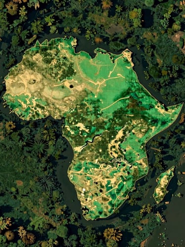 High-contrast digital geospatial visualization map of a West African river delta, showing vegetation density index in emerald green and gold vector grid overlays