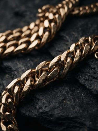 Macro close-up of heavy gold chains resting on dark textured stone, dramatic low-key side-lighting with soft champagne reflections, 35mm