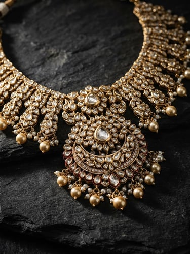 Macro photography of an intricate Kundan necklace set with champagne gold luster, dramatic side-lighting on dark textured stone.