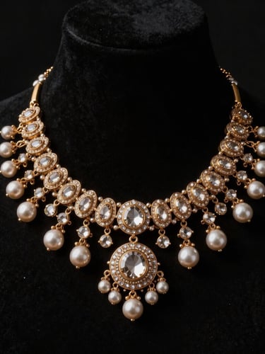 Elegant anonymous silhouette wearing a heavy statement Kundan necklace, dramatic side-lighting, deep black background, luxury editorial style