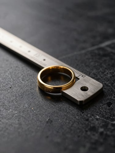 Macro close-up of a gold ring sizer on a dark textured marble table, dramatic side-lighting, champagne reflections