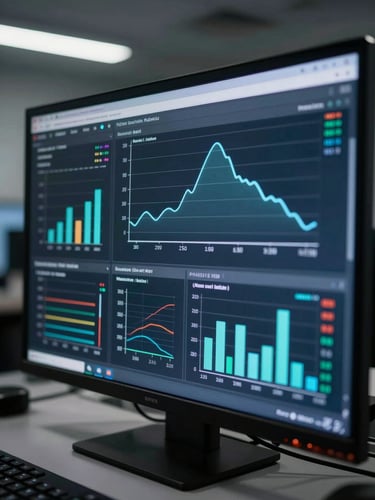 Close-up of a dark monitoring dashboard screen showing cloud cost allocation graphs and resource utilization readouts, cool fluorescent studio lighting, control-room atmosphere, data labels visible mid-screen