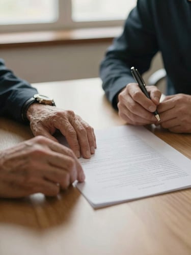 Close-up documentary shot — two sets of hands across a table, one older pair resting near a printed document with handwritten notes, one younger pair holding a pen mid-gesture, soft overcast window light, warm and unhurried