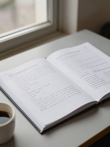 Medium shot of a worn consultation folder open on a table beside a window, handwritten margin notes visible on printed documents, a cup of coffee partially in frame, soft natural overcast light, warm gray surface beneath