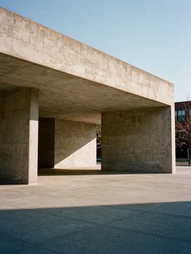 Extreme wide-angle architectural shot of a monolithic concrete pavilion in New York under sharp morning light, deep shadows, 35mm
