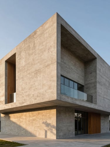 Architectural portrait of a modern concrete monolith with sharp shadows and warm timber details, golden hour.
