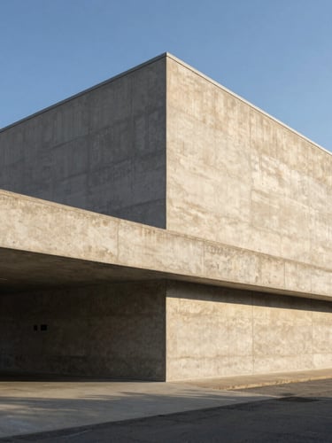 Extreme wide environmental shot of a monolithic concrete commercial building under sharp morning light with deep shadows, architectural photography, 35mm