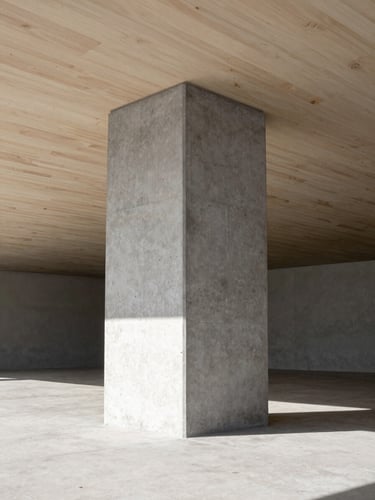 A high-contrast black and white architectural detail of a concrete column meeting a timber ceiling, sharp shadows, natural light.