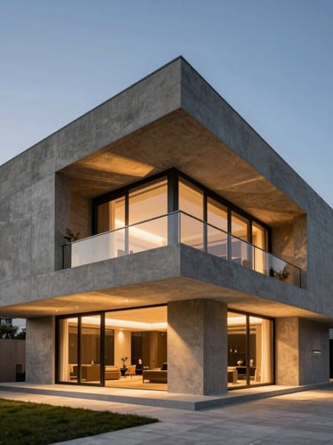Wide-angle architectural exterior elevation of a modern luxury villa in Istanbul at twilight, sharp concrete lines, warm interior lighting casting geometric shadows, negative space on the left.