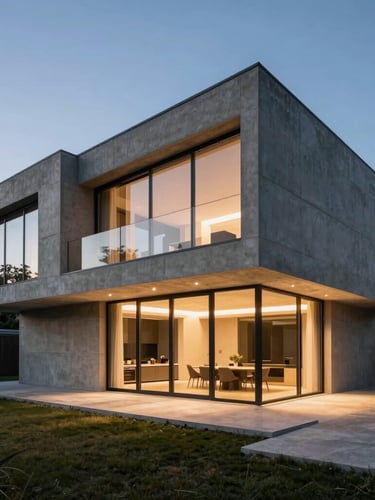 Wide-angle architectural exterior elevation of a modern concrete and glass villa at twilight, sharp geometric lines, warm interior lighting casting long shadows.