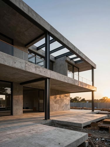 Wide-angle architectural elevation of a modern luxury villa under construction, dramatic sunset lighting, sharp structural steel beams, concrete slabs, clean site organization, high-contrast.