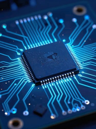 Macro close-up of a high-contrast circuit board, glowing electric cyan traces, sharp focus on a central processor chip, cool studio lighting