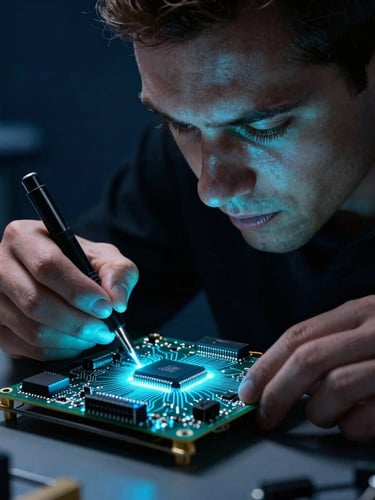 Medium close-up of a professional in a dark lab, crisp key light on face, debugging a microchip on a glowing cyan circuit board, high contrast, 35mm