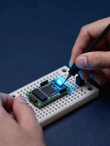 Close-up of hands wiring a microcontroller on a breadboard, vibrant cyan LED light glowing, deep slate background, sharp focus, high-contrast studio lighting