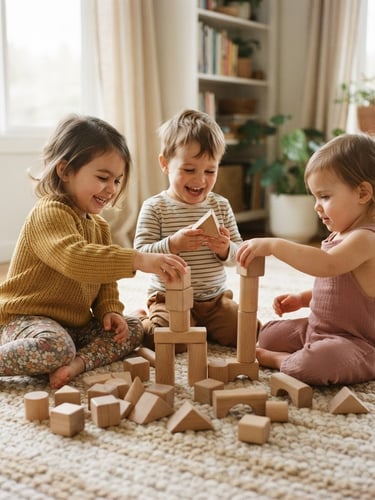 Eye-level medium shot of toddlers playing with natural wooden blocks on a sunlit rug, warm editorial style, soft natural daylight.