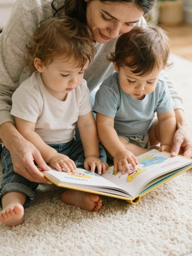 A candid eye-level shot of a caregiver reading a storybook to two toddlers on a soft cream rug, warm natural light.