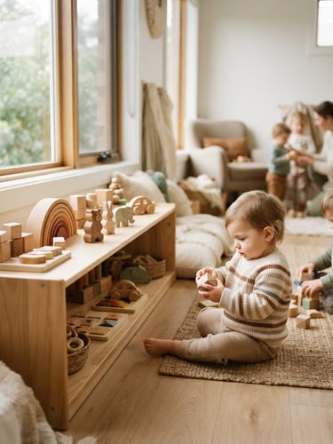 A warm, sunlit modern daycare interior with natural wooden toys on a low shelf, soft morning light filtering through a window.