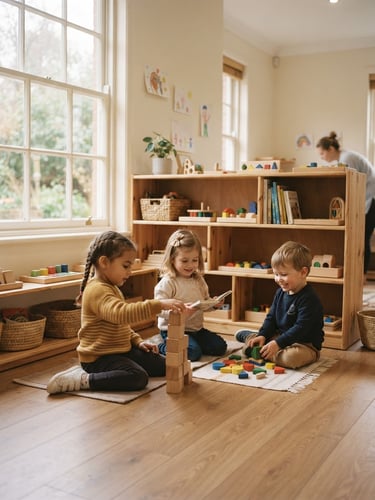 Warm sunlit daycare interior with natural wood shelving, soft morning light filtering through a window, eye-level medium shot.