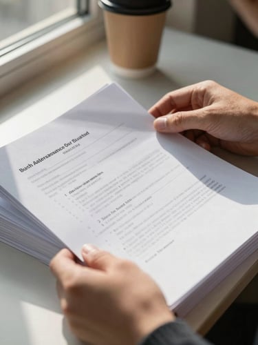 Close-up of hands reviewing a stack of official documents on a desk, natural side-window light casting soft shadows, a coffee cup partially visible in the background, no faces, focus on the papers and hands