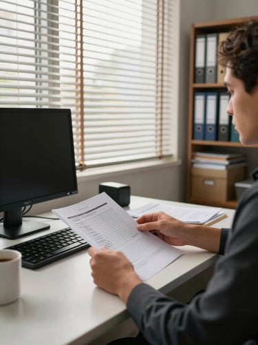 Wide environmental shot of a small Brazilian office, natural daylight through open blinds, a person seated at a desk reviewing printed documents with one hand resting on a keyboard, coffee mug visible to the side, background showing shelves with binders and folders, warm indirect window light, no staging
