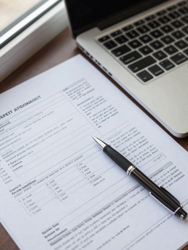 Close-up overhead flat lay of a printed financial report with handwritten annotations beside a laptop keyboard, natural window light from the upper left, pen resting on the document mid-review