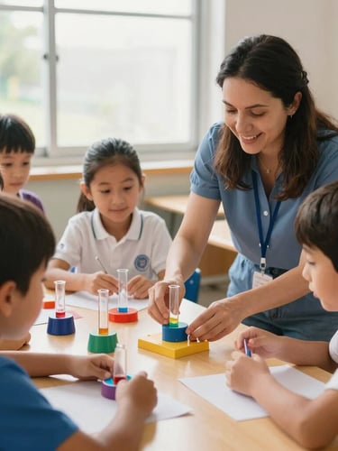 Primer plano espontáneo de manos de niños y una maestra interactuando con materiales de un experimento de física, con luz natural entrando por una ventana. Se percibe concentración y alegría genuina.
