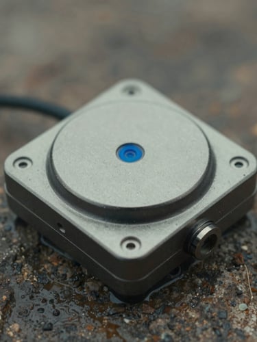 Extreme macro detail of a rugged physical sensor housing mounted on damp rock, overcast cold daylight, metallic textures, desaturated earth tones