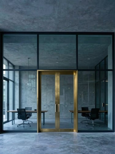 Straight-on architectural photography of a minimalist concrete and glass office interior, quiet atmosphere, soft diffused daylight, deep blue shadows