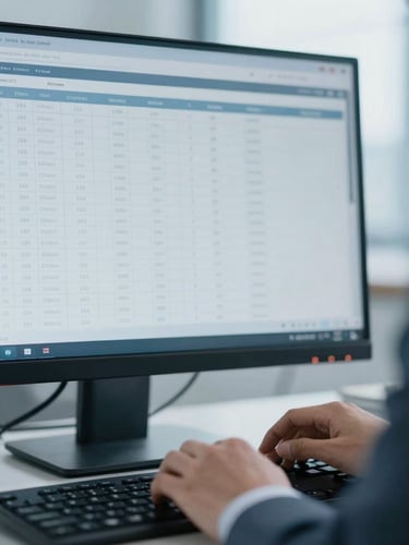 Close-up portrait shot of a chartered accountant's hands meticulously reviewing digital ledger data on a high-resolution monitor, keyboard in foreground, cool office daylight, sharp focus, desaturated blue tones, 35mm