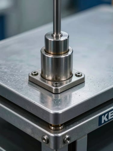 Extreme close-up of a KERN industrial scale steel platform corner and load cell, sharp cold metallic lighting, high contrast