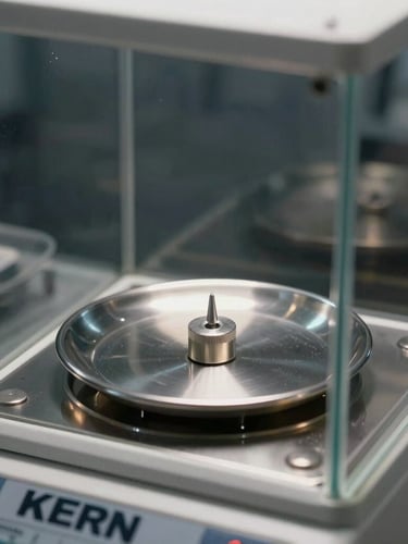 Macro close-up of a KERN analytical scale inside a glass draft shield, a single calibration weight on the stainless steel pan, clinical white studio lighting, sharp reflections on glass and metal, dark background.