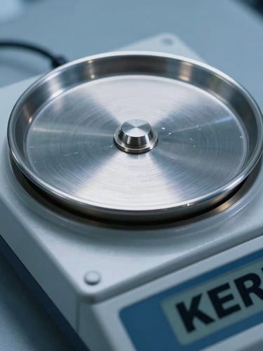 Macro studio shot of a KERN analytical scale pan, sharp metallic textures, cool blue laboratory lighting, high-contrast highlights on brushed steel.