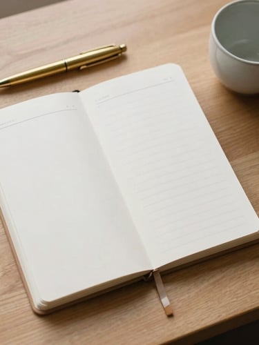 Overhead flat-lay of a minimalist paper planner, a brass pen, and a simple ceramic cup on a light oak desk in soft morning light.