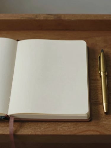 Straight-on, eye-level shot of a beautifully bound journal, a simple brass pen, and a small pocket tool arranged neatly on a wooden shelf, soft natural light.